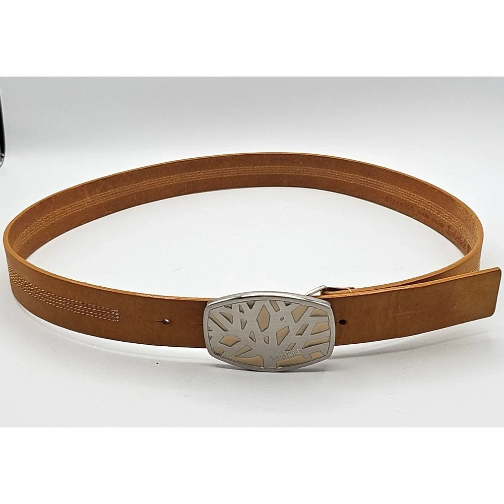 Vintage Timberland Women's Leather Belt Embossed Silver Enamel Buckle 38-42